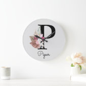 Monogram Pink Boho Girly Floral Initial P Große Wanduhr (Zuhause)