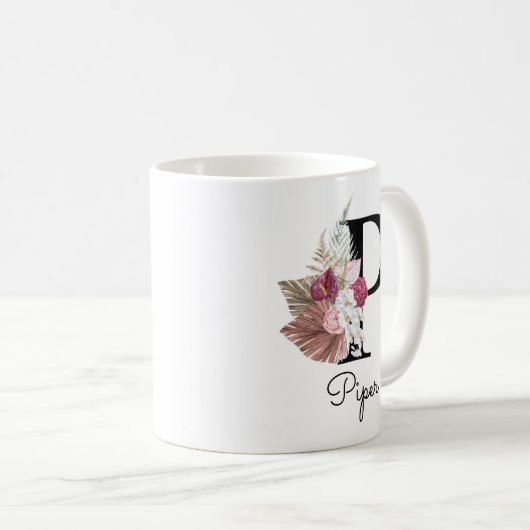 Monogram Pink Boho Girly Floral Initial P Kaffeetasse (VorderseiteRechts)