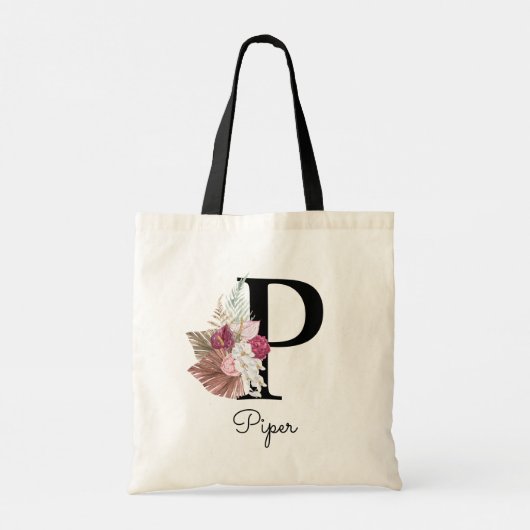 Monogram Pink Boho Girly Floral Initial P Tragetasche (Rückseite)