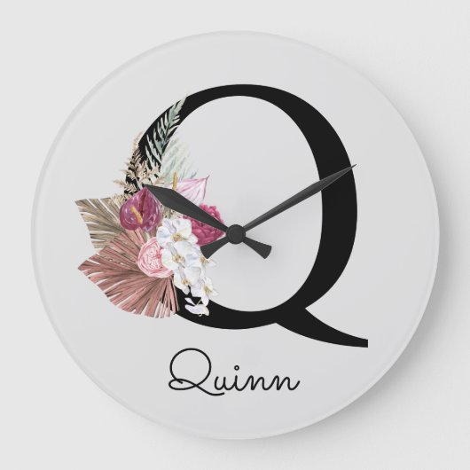 Monogram Pink Boho Girly Floral Initial Q Große Wanduhr (Vorderseite)