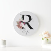Monogram Pink Boho Girly Floral Initial R Große Wanduhr (Zuhause)