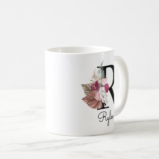 Monogram Pink Boho Girly Floral Initial R Kaffeetasse (VorderseiteRechts)