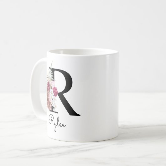 Monogram Pink Boho Girly Floral Initial R Kaffeetasse (Vorderseite Links)
