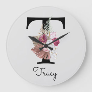 Monogram Pink Boho Girly Floral Initial T Große Wanduhr