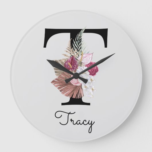 Monogram Pink Boho Girly Floral Initial t Große Wanduhr (Vorderseite)