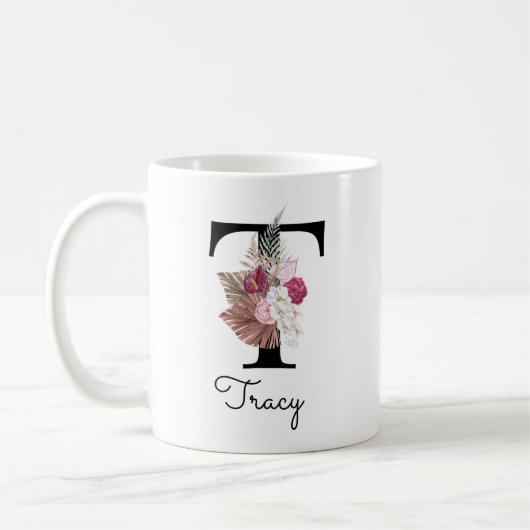 Monogram Pink Boho Girly Floral Initial t Kaffeetasse (Links)