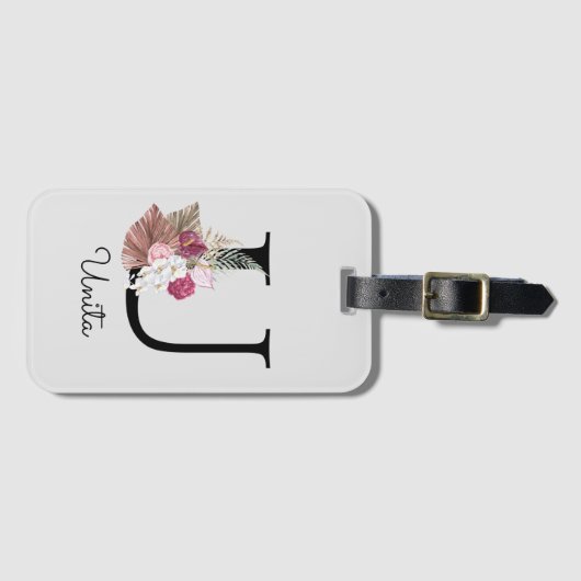 Monogram Pink Boho Girly Floral Initial U Gepäckanhänger (Vorderseite (Horizontal))