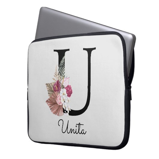 Monogram Pink Boho Girly Floral Initial U Laptopschutzhülle (Vorderseite Links)