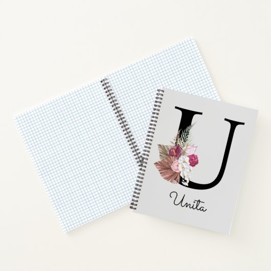 Monogram Pink Boho Girly Floral Initial U Notizblock (Innenseite)