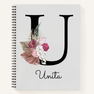 Monogram Pink Boho Girly Floral Initial U Notizblock