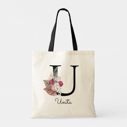 Monogram Pink Boho Girly Floral Initial U Tragetasche (Rückseite)