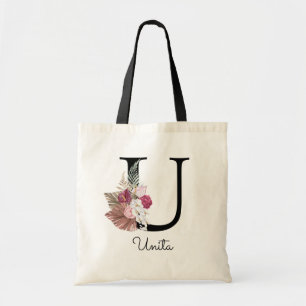 Monogram Pink Boho Girly Floral Initial U Tragetasche