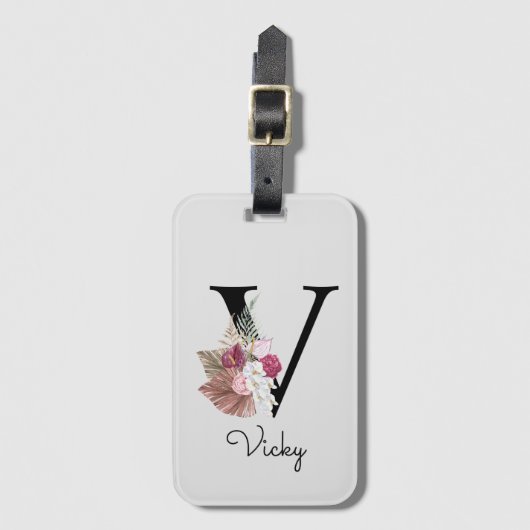 Monogram Pink Boho Girly Floral Initial V Gepäckanhänger (Vorderseite Vertikal)