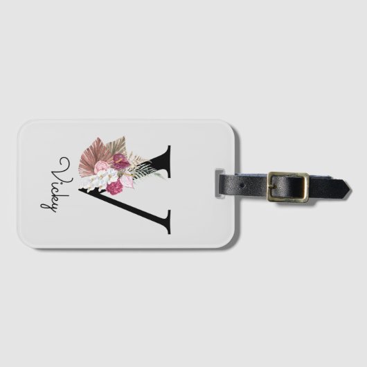 Monogram Pink Boho Girly Floral Initial V Gepäckanhänger (Vorderseite (Horizontal))