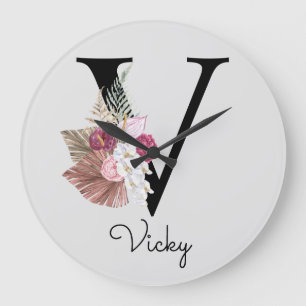 Monogram Pink Boho Girly Floral Initial V Große Wanduhr
