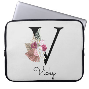 Monogram Pink Boho Girly Floral Initial V Laptopschutzhülle