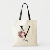 Monogram Pink Boho Girly Floral Initial V Tragetasche (Vorne)