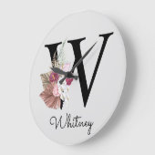 Monogram Pink Boho Girly Floral Initial W Große Wanduhr (Winkel)