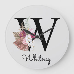 Monogram Pink Boho Girly Floral Initial W Große Wanduhr