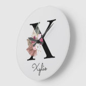 Monogram Pink Boho Girly Floral Initial X Große Wanduhr (Winkel)