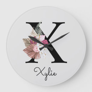 Monogram Pink Boho Girly Floral Initial X Große Wanduhr