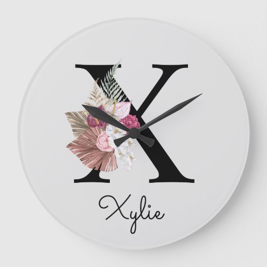 Monogram Pink Boho Girly Floral Initial X Große Wanduhr (Vorderseite)