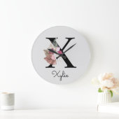 Monogram Pink Boho Girly Floral Initial X Große Wanduhr (Zuhause)