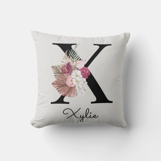 Monogram Pink Boho Girly Floral Initial X Kissen (Vorderseite)