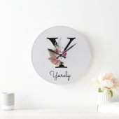 Monogram Pink Boho Girly Floral Initial Y Große Wanduhr (Zuhause)