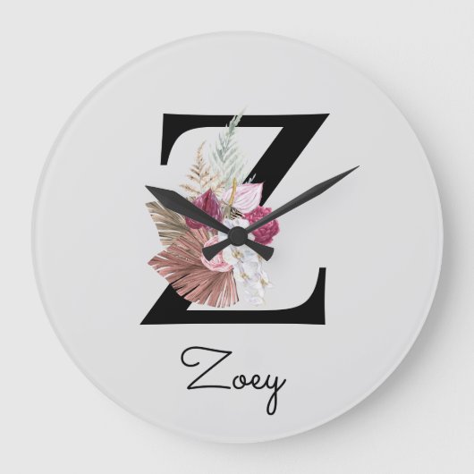 Monogram Pink Boho Girly Floral Initial Z Große Wanduhr (Vorderseite)