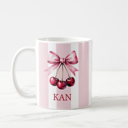 Monogram Pink Bow Cherries Coquette Ästhetik Kaffeetasse (Links)