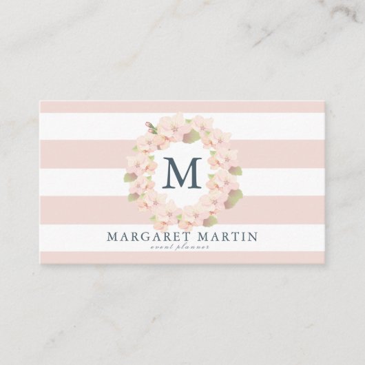 Monogram Pink Cherry Blossom Wreath Visitenkarte (Vorderseite)