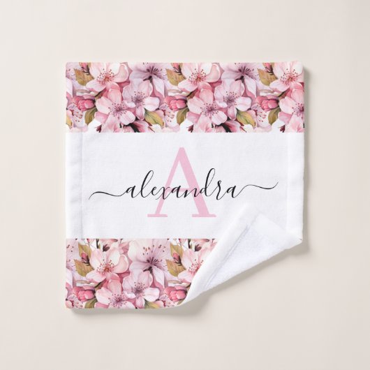 Monogram Pink Cherry Blossoms Towel Set (Waschlappen)