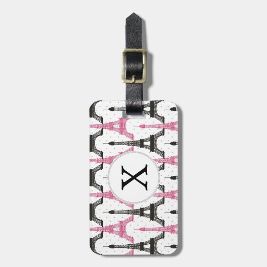 Monogram Pink Chic Eiffelturm-Muster Gepäckanhänger (Vorderseite vertikal)