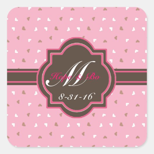 Monogram Pink & Chocolate Umwickeln von Siegel-Auf Quadratischer Aufkleber (Vorderseite)