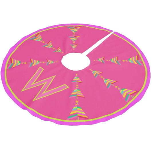 Monogram Pink Christmas Geometric Rainbow Strip Polyester Weihnachtsbaumdecke (Schrägansicht)