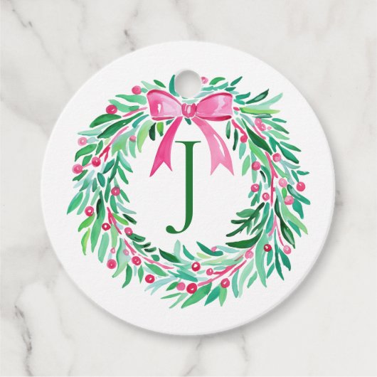 Monogram Pink Christmas Wreath Gift Tag Geschenkanhänger (Vorderseite)