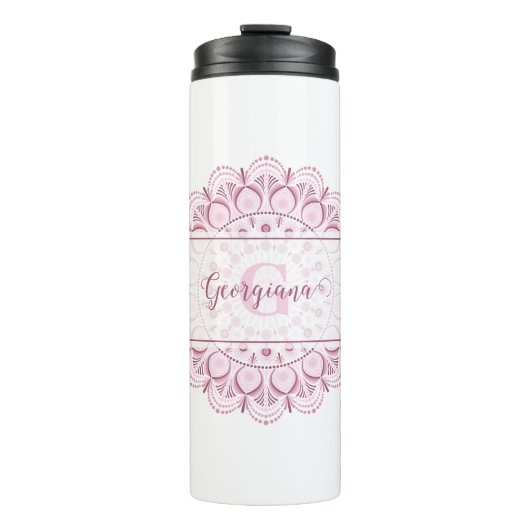 Monogram Pink Confetti Lace Ornamental Mandala Thermosbecher (Vorderseite)