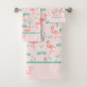 Monogram Pink Flamingos Green Palm Blätter Tropica Badhandtuch Set