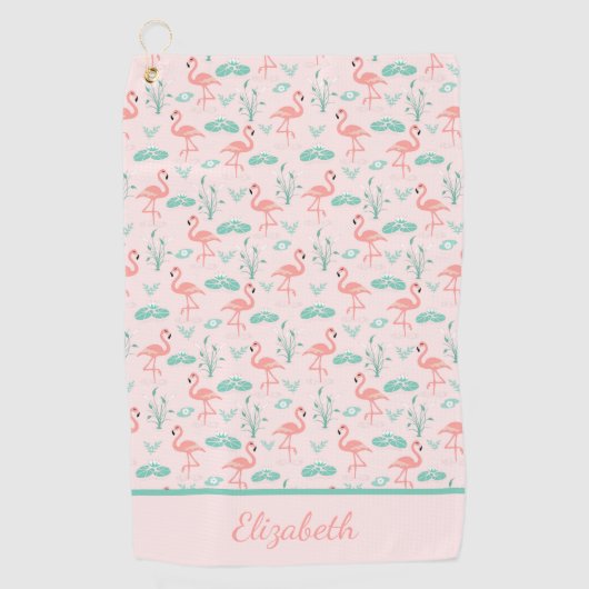 Monogram Pink Flamingos Green Palm Blätter Tropica Golfhandtuch (Vorderseite)
