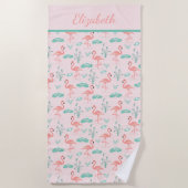 Monogram Pink Flamingos Green Palm Blätter Tropica Strandtuch (Vorderseite)
