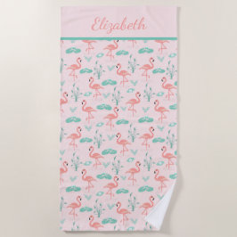 Monogram Pink Flamingos Green Palm Blätter Tropica Strandtuch