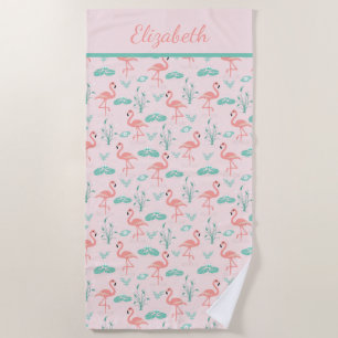 Monogram Pink Flamingos Green Palm Blätter Tropica Strandtuch