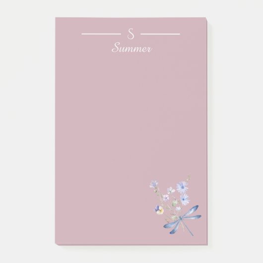 Monogram Pink Floral Dragonfly Botanische Hütte Post-it Klebezettel (Vorderseite)