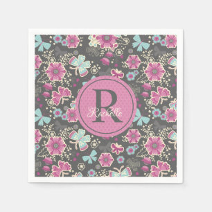 Monogram Pink Floral Geburtstagsmuster Serviette