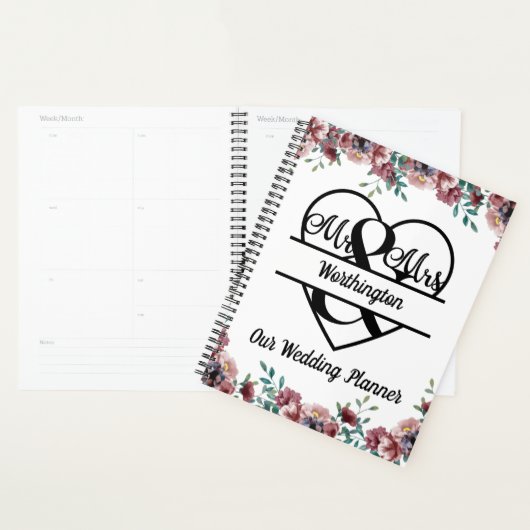 Monogram Pink Floral Name Heart Wedding Planer (Anzeige)