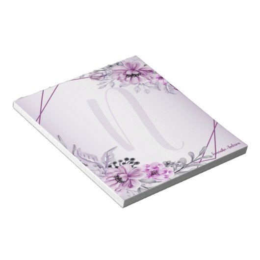 Monogram Pink Floral Violet Lila Frame Modern Notizblock (angewinkelt)