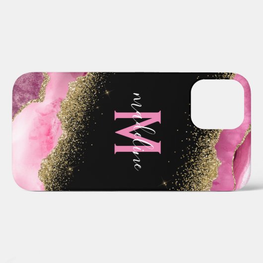 Monogram Pink Geode Agate Gold Glitzer Case-Mate iPhone Hülle (Rückseite (Horizontal))