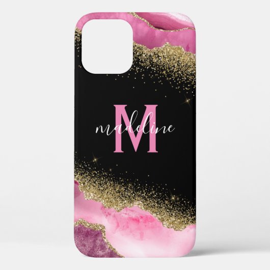 Monogram Pink Geode Agate Gold Glitzer Case-Mate iPhone Hülle (Rückseite)