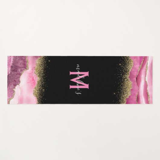 Monogram Pink Geode Agate Gold Glitzer Yogamatte (Vorderseite (Horizontal))